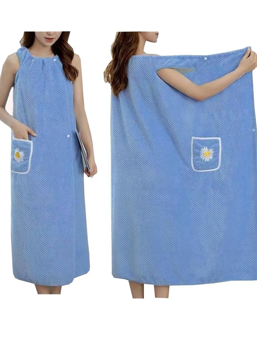 light blue, pink fleece wearable bath towel wrap with a daisy pocket